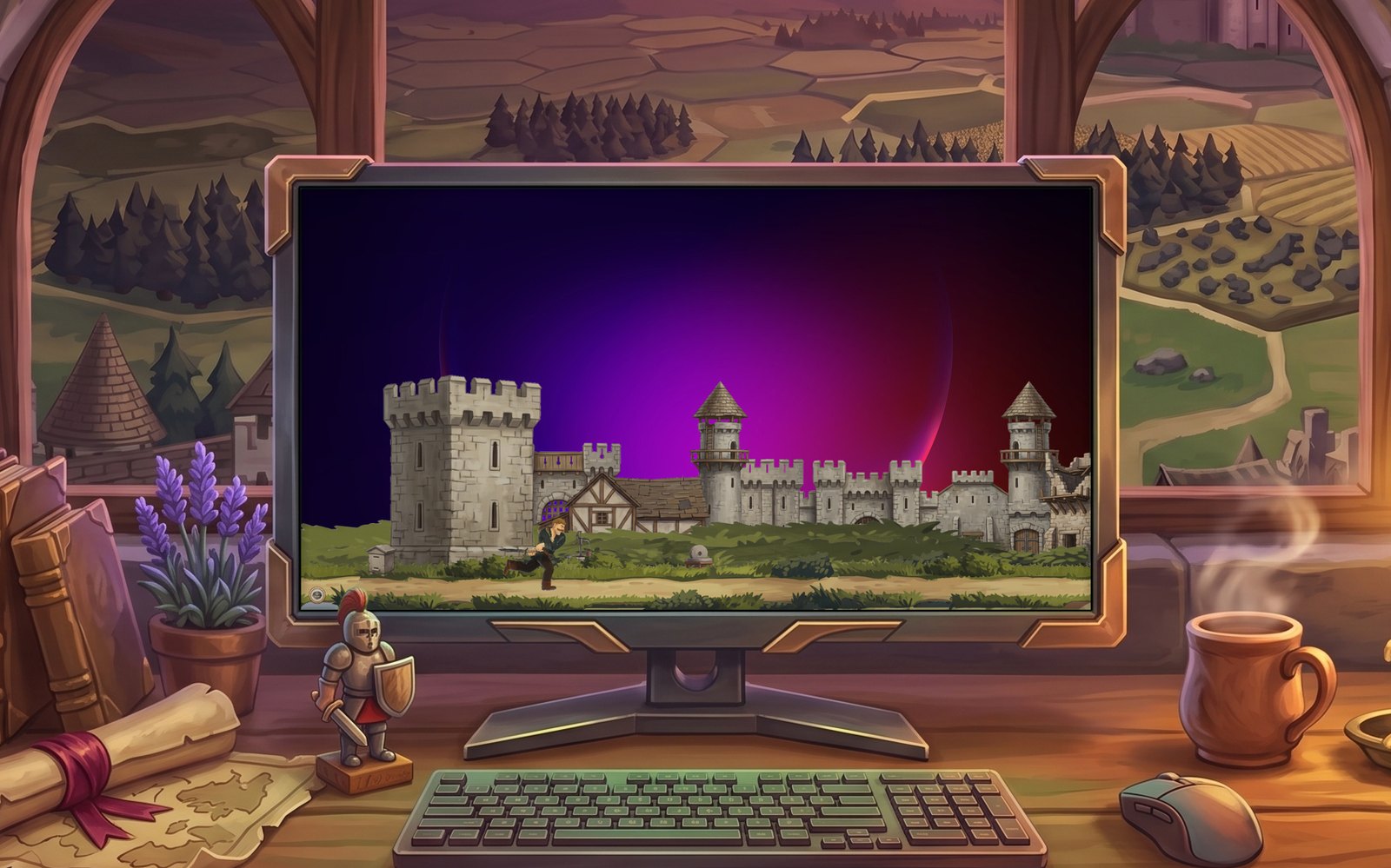 A cozy desk at dusk. The monitor shows the Windows desktop with Keepwatch running in a thin strip along the bottom: the hero walks past a stone castle.