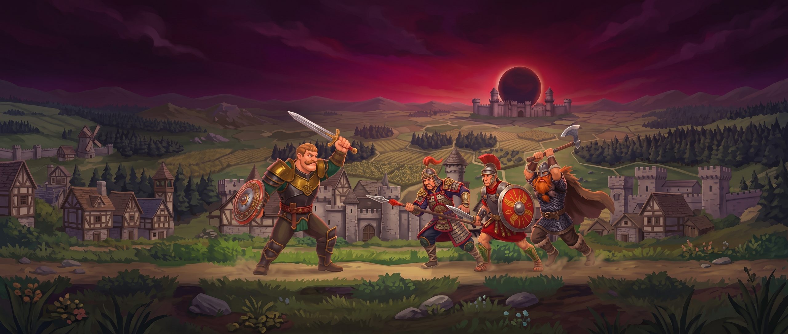 The mustached hero of Keepwatch raises his sword against a Chinese spearman, a Roman legionary and a Viking on a dirt road, a castle under a dark eclipse behind them.