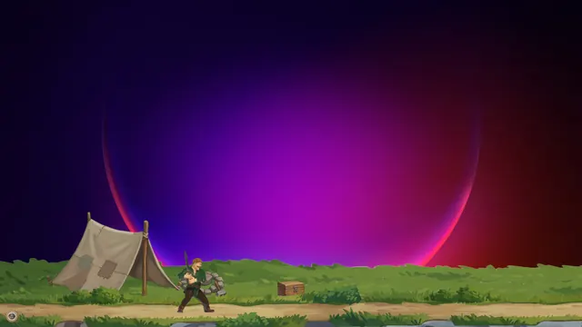 The hero at camp next to his tent