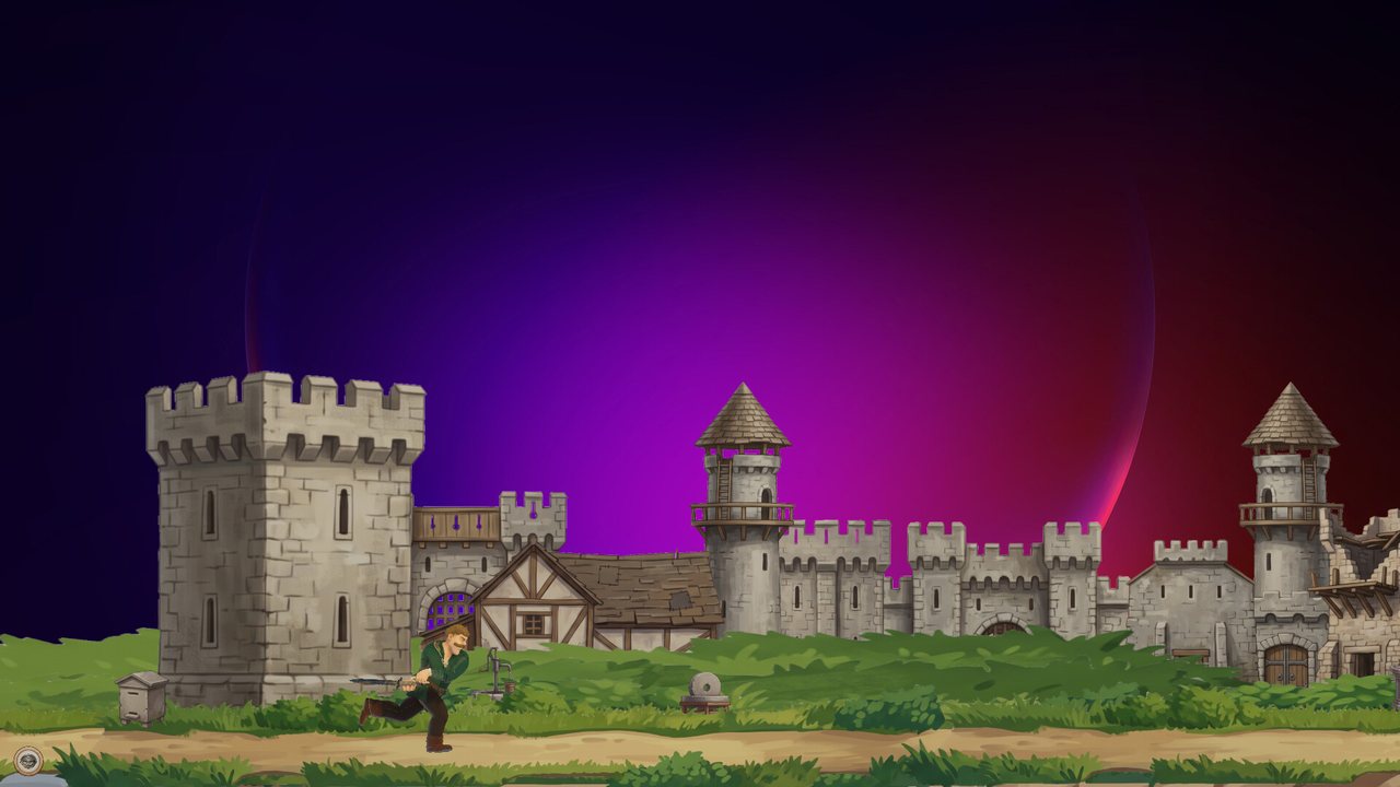 The hero walks past a stone castle town along the bottom of the desktop.