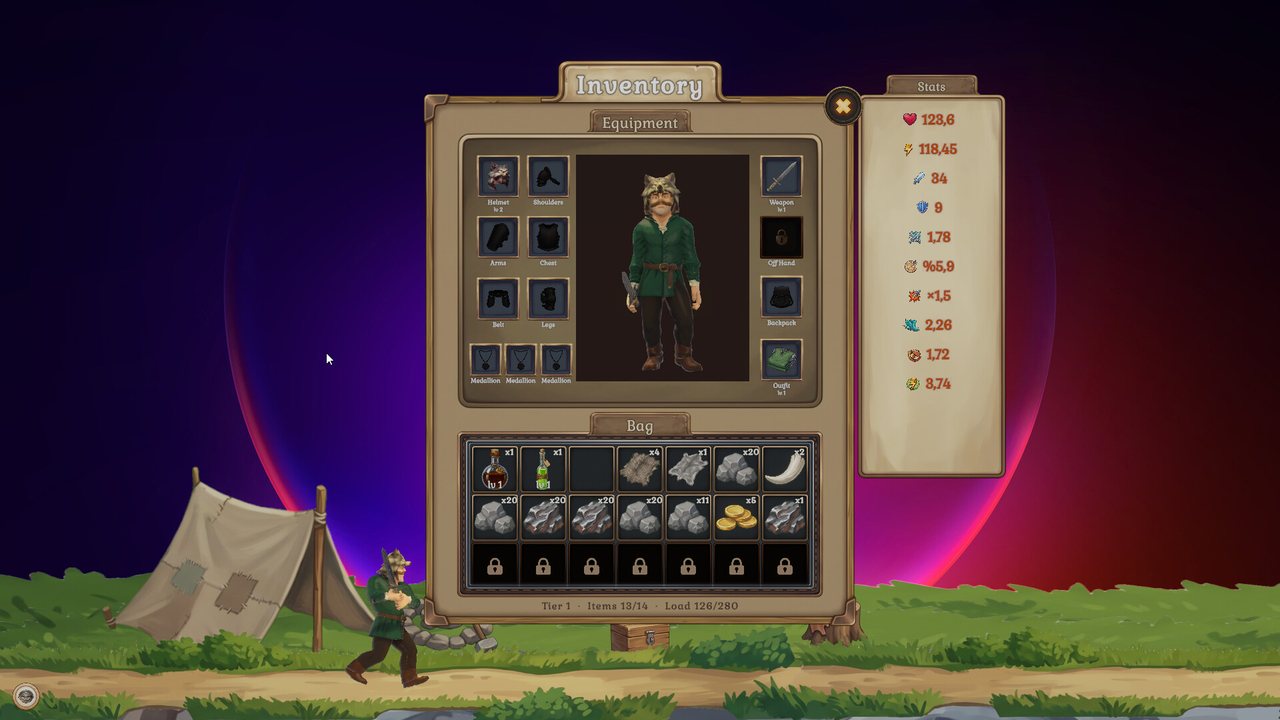 Inventory panel showing equipment slots, the hero preview and the bag grid.