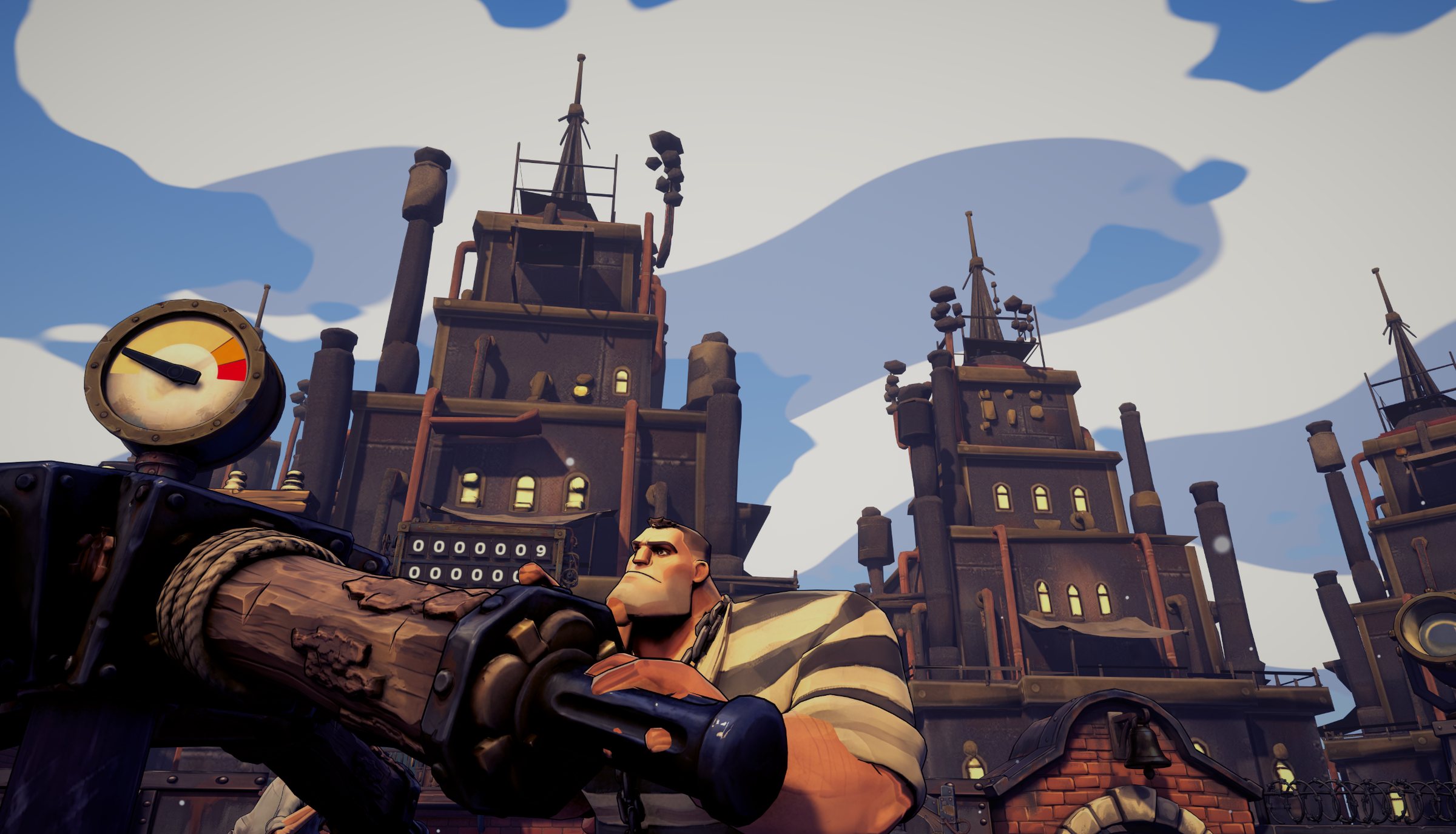 Breadhead, a striped convict, leans into a push arm of the millstone under a pressure gauge and the Company's smokestacks.