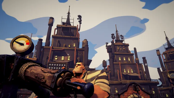 Breadhead leans into a push arm under the Company towers.